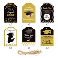 12er-Set Abschluss-Geschenkanhänger mit Juteseil in Schwarz-Gold-Designs - Abschluss-Thema Anhänger Set (L-00127) / Weiße Pappe Mit Hanfseil