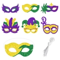 Set di 7 maschere per carnevale Mardi Gras in viola, oro e verde con glitter ed elastici - Stile Glitter (Set da 6)