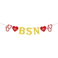 Glittery gold BSN nurse graduation banner with red heart and stethoscope charms - Letter Banner (Y-00210-1)