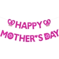 Striscione rosa glitterato Happy Mother's Day con decorazioni a fiori e cuori rosa - Striscione Happy Mother's Day Glitter Rosa (Y-00229-1)