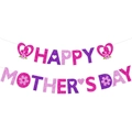 Striscione glitterato Happy Mother's Day rosa e viola con fiori e cuori decorativi - Striscione Happy Mother's Day Rosa e Viola (Y-00229-3)
