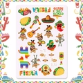 Mexican Fiesta stickers with sombreros, tacos, and pinatas for party decorations - Mexican Folklore Illustration Style (J-0204-1)