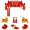 Traditional Chinese New Year cake topper set featuring red archway and lion dance motifs - Lion Dance And Gate Tower Style (J-0163-1)