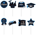 Blue glitter graduation cupcake toppers set featuring mortarboards and congrats grad signs - Deep Blue Glitter Style (Y-00223-1)