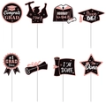 8-piece black and rose gold glitter graduation cake toppers set with doctoral cap and stars - Rose Gold Glitter Style (Y-00223-2)