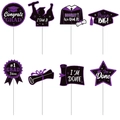 Set of 8 purple glitter graduation cake toppers featuring mortarboard and diploma - Purple Glitter Style (Y-00223-3)