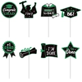 8-piece black and green glitter graduation cupcake toppers with Congrats Grad and hat designs - Dark Green Glitter Style (Y-00223-5)