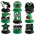 Set of 9 green and black graduation honeycomb centerpieces with graduation cap and diploma - Green (L-00118-4)