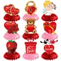 Lot de 9 décorations de table en nid d'abeille pour la Saint-Valentin avec ours et cœurs - Thème Saint-Valentin 9 Pièces