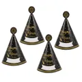 Set of four black and gold Happy New Year paper party hats with glitter finish - Cone Hat Style (L-0051-1)