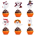 Set of 6 Halloween cupcake toppers featuring cartoon ghost, vampire, and witch designs - Ghost Style
