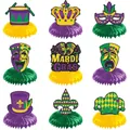 Lot de 9 centres de table alvéolés Mardi Gras avec masques et couronnes en violet, vert et or - Centres de Table en Nid d'Abeille Thème Mardi Gras (J-0155-04)