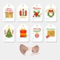 Dettaglio del set di etichette natalizie con vari motivi festivi e corda di canapa naturale - Stile 5 (Serie Festività Generale)