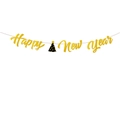 Glittery gold Happy New Year banner with party hat icon for festive party decoration - Happy New Year Banner