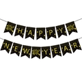 Bannière de Nouvel An noire avec lettres dorées pailletées et motifs de feux d'artifice - Bannière Bonne Année (J-0144-1)
