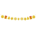 Sparkly gold Christmas banner with festive bells, snowflakes, and gift box ornaments - Patterned Icon Garland
