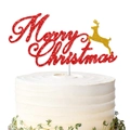 Red and gold glitter Merry Christmas cake topper with a reindeer on a white cream cake - Red Reindeer Style (Style 6)