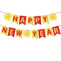 Pancarta brillante Happy New Year con banderas de cola de milano en oro rojo y fuegos - Banner de Año Nuevo Rojo (J-0145-1) / Rojo
