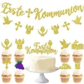 Golden glitter Erste Kommunion party banner and cake topper set for First Communion decor - Erste Kommunion Decoration Set