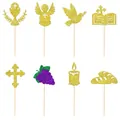 8-piece golden glitter cake toppers set featuring religious cross and angel symbols - Cupcake Topper Set