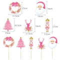 Roze Kerst taarttoppers set met de Kerstman, rendier en notenkraker voor feestjes - Vaas Decoratie Toppers (5 Stuks/Verpakking)