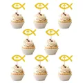 Religious cake toppers featuring golden glitter fish and cross for baptism party decoration - Small Cake Toppers (8Pcs)
