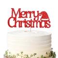 Red glitter Merry Christmas cake topper with festive Santa hat design for holiday parties - Red Christmas Hat Style (Style 5)