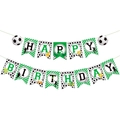 Soccer themed Happy Birthday banner with sports elements and green striped patterns - Happy Birthday Banner