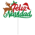 Glitzernder Feliz Navidad Kuchendeckel mit rotem Rentier und grünen Stechpalmenblättern - Großer Kuchendeckel (Y-00149-2)