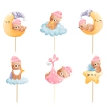 Baby shower sleeping bear cake toppers featuring watercolor moons and stars 6-piece set - Pink Bear