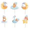 Set of 6 cute bear cake toppers with moon, stars and clouds for baby shower party decor - Blue Bear