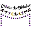 Set di striscioni glitterati Halloween Cheers Witches con cappello da strega e gatti neri - Set Striscioni Halloween (2 Striscioni + 1 Corda)