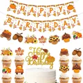Close-up of autumn harvest birthday party banner, glittery pumpkin cake topper and fall decor - Complete Party Decoration Set (J-0120-1)