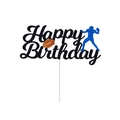 Topper per torta Happy Birthday con palla da rugby marrone e silhouette di giocatore blu - Decorazione Grande Happy Birthday (L-0025-1)
