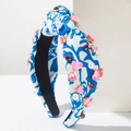 Tie-dye knotted headband with sparkling pink crystals and white pearls on white background - Printed Pearl Style / Blue & White