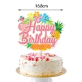 Detailansicht Kuchendeckel Happy Birthday mit Flamingo, Ananas und tropischen Blumen - Großer Geburtstag Kuchen Topper