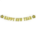 Decorazione banner Happy New Year oro e bianco con accenti di fuochi d'artificio su bianco - Striscione Happy New Year Stampa Oro