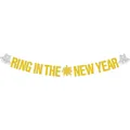 Striscione Happy New Year glitterato oro e argento con campane e decori stelle - Striscione Ring In The New Year Oro Glitterato