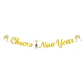 Striscione dorato glitter 'Cheers New Year' con bicchieri per festa di capodanno - Striscione Cheers New Year Oro Glitterato
