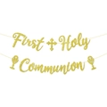 Striscione dorato glitter Prima Comunione con calice JHS e decorazioni a croce - Banner First Holy Communion / Oro
