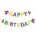 Glittery Happy Birthday banner with purple green gold sequins and carnival mask details - HAPPY BIRTHDAY Letter Banner