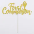 Glittering golden First Communion cake topper with elegant cursive font and cross - First Communion Large Cake Topper