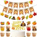 Thanksgiving party decoration kit with Give Thanks banner and turkey cake toppers - Set (Y-00133- 2)