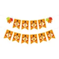 Give Thanks Thanksgiving banner with orange bunting flags, turkey icons and maple leaf accents - Banner (Y-00133- 3)