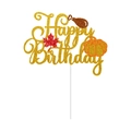 Gold glitter Happy Birthday cake topper with maple leaf pumpkin and turkey icons - Happy Birthday Large Cake Topper (J-0120-4)
