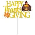 Glittery Happy Thanksgiving cake topper featuring a cartoon turkey and orange maple leaf - Large Cake Topper (Y-00133- 6)