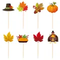 Thanksgiving cupcake toppers set featuring turkey, pumpkin, and autumn maple leaves - Small Toppers (Y-00133- 7)