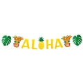Gele ALOHA banner met glitter, ananas, tiki en palmbladeren voor strandfeesten decor - ALOHA Letter Banner