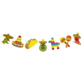 Ghirlanda vivace Taco Bar con cactus, sombrero e taco su sfondo bianco pulito - Striscione Icone Fiesta (J-0077-2)