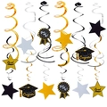Graduation party ceiling swirl decorations with stars and congrats tags in black and gold - Style Three (B-1-3)